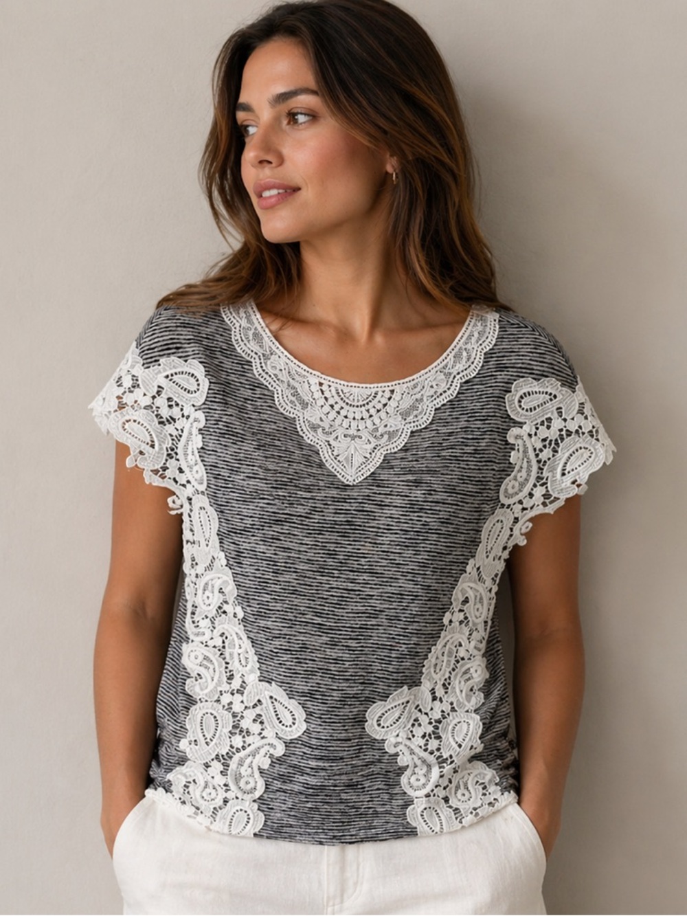 Anthropologie Black-Gray Tee with White Lace Trim